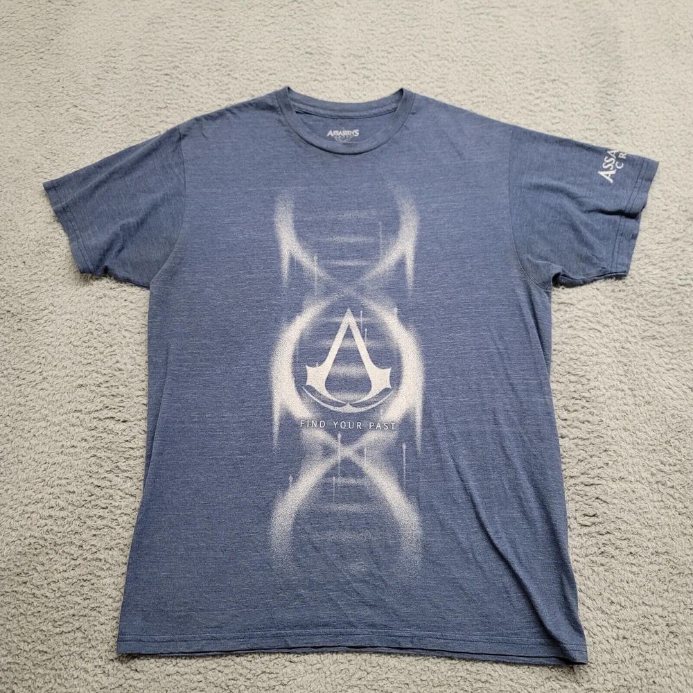 Assassins Creed Shirt Mens Medium‎ Blue Video Game Graphic Tee Casual Spell Out